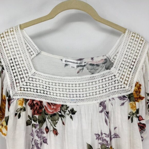 Warehouse  One NWT white floral flutter sleeve crochet boatneck t-shirt Medium - Picture 6 of 15